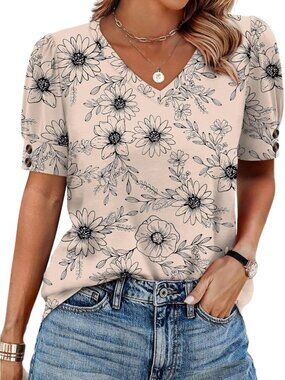 Women's Khaki Floral V-neck Puff Short Sleeve Button Cuff Summer Blouse Tee Top